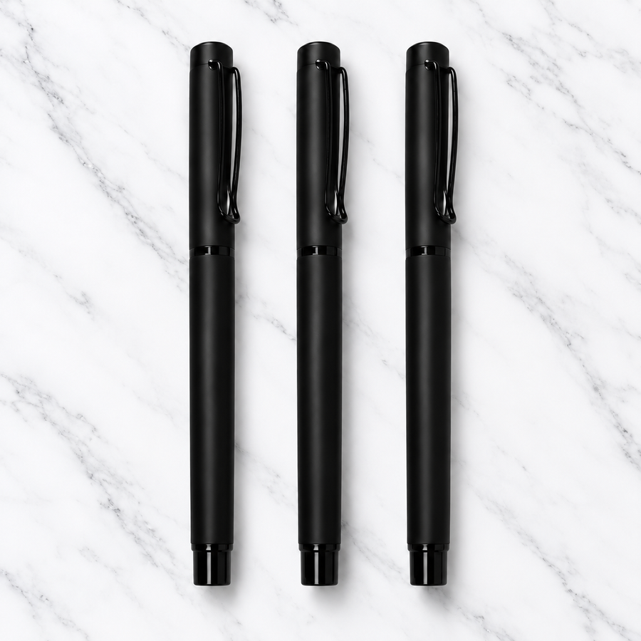 Set of 3 Matt Black Metal Ball Pens with Black Clip – 0.7mm Blue Ink, Plastic Grip & 3 Extra Refills — Ballpen Bazaar