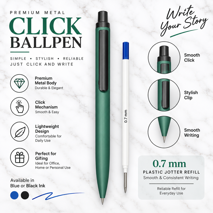Set of 3 Click Metal Ball Pens – Matt Gray, Brown & Green, Blue Ink, 3 Free Refills, Executive Gift Pens — Ballpen Bazaar