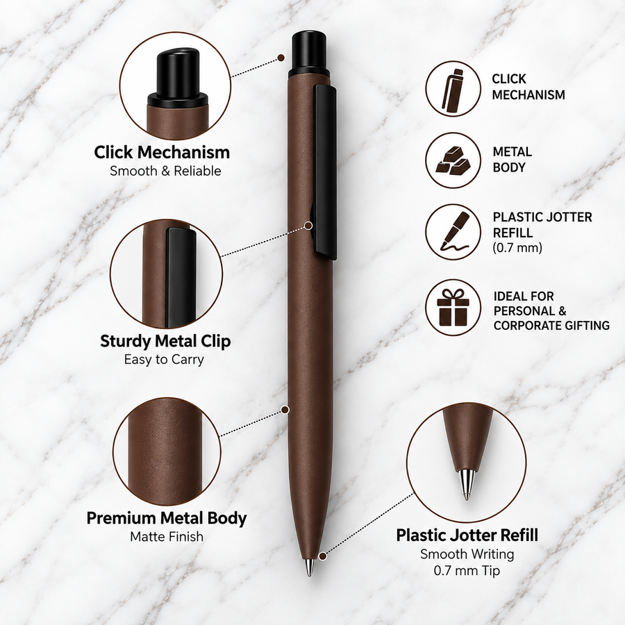Set of 3 Matt Green, Brown & Grey Metal Click Ball Pens – Blue Ink, Plastic Jotter Refill & 3 Extra Refills — Ballpen Bazaar