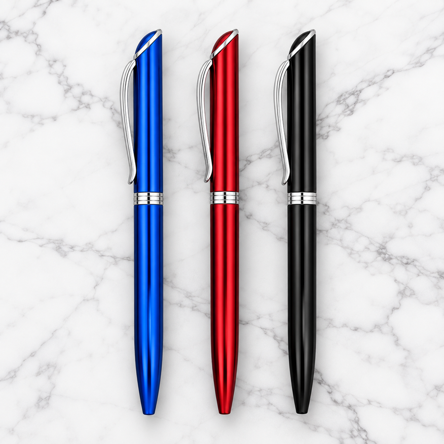 Set of 3 Metallic Glossy Twist Metal Ball Pens – Blue, Red & Black, Blue Ink, 3 Free Refills, Executive Gift Pen Se — Ballpen Bazaar