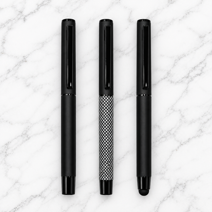 Set of 3 Openable Metal Ball Pens – Matt Black, Matt Black White Grid & Stylus Matt Black, Blue Ink, 3 Free Refills — Ballpen Bazaar