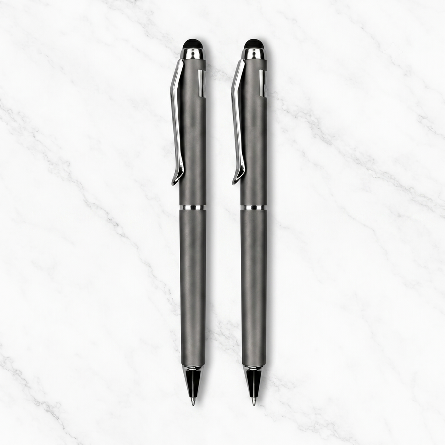 Stylus Gunmetal Ball Pen Set of 2 with Silver Clip, Twist, Blue Ink — Ballpen Bazaar
