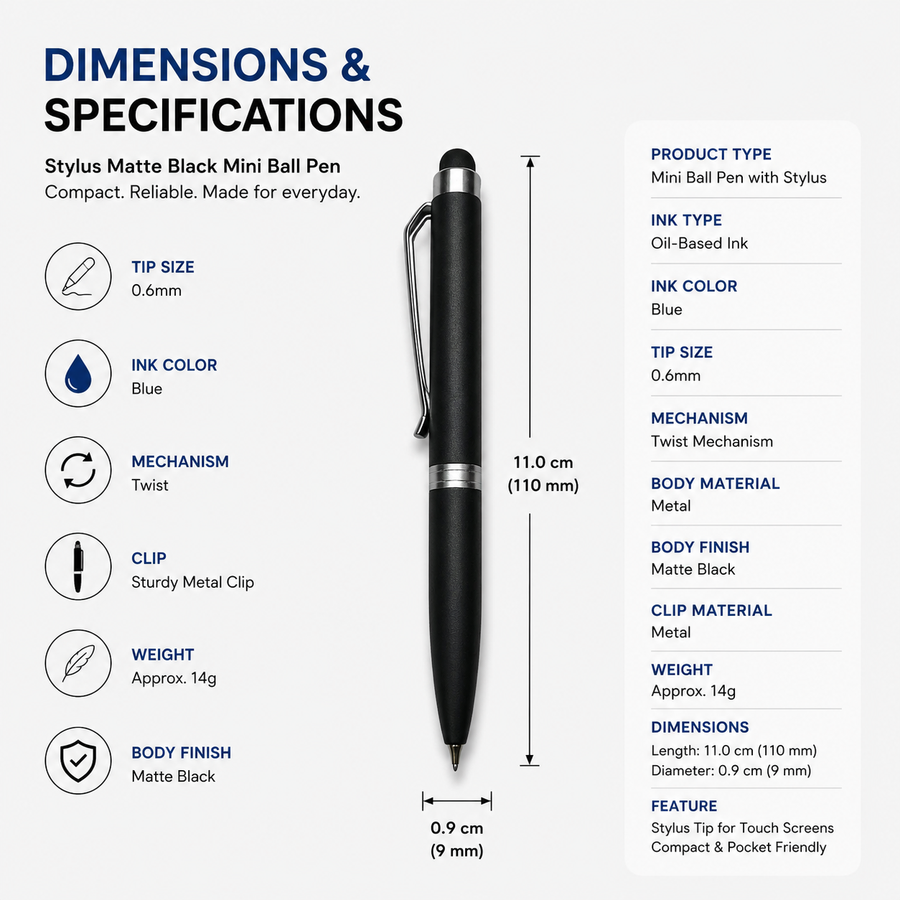Stylus Matt Black Mini Ball Pen with Silver Clip, Twist, Blue Ink — Ballpen Bazaar