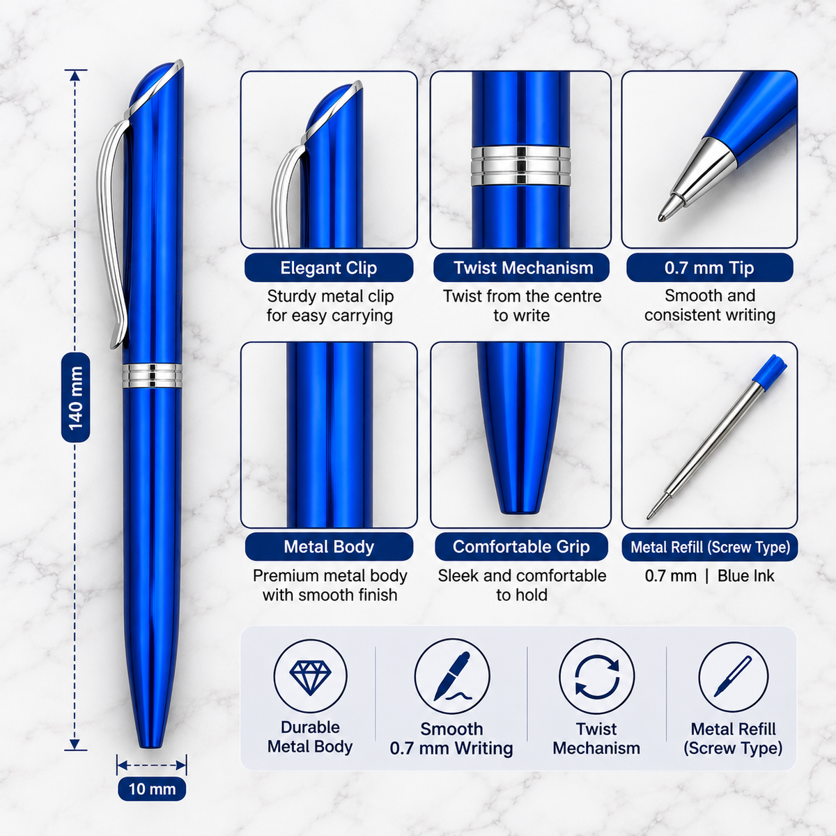Set of 3 Metallic Glossy Twist Metal Ball Pens – Blue, Red & Black | Blue Ink | 3 Free Refills | Executive Gift Pen Set