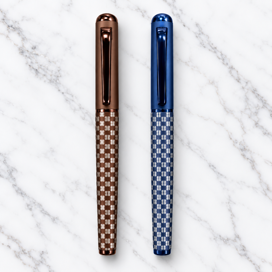 Ballpen Bazaar Set of 2 Premium Grid Design Metal Ball Pens – Matt Blue & Matt Brown | Openable Cap | Blue Ink | 2 Extra Refills