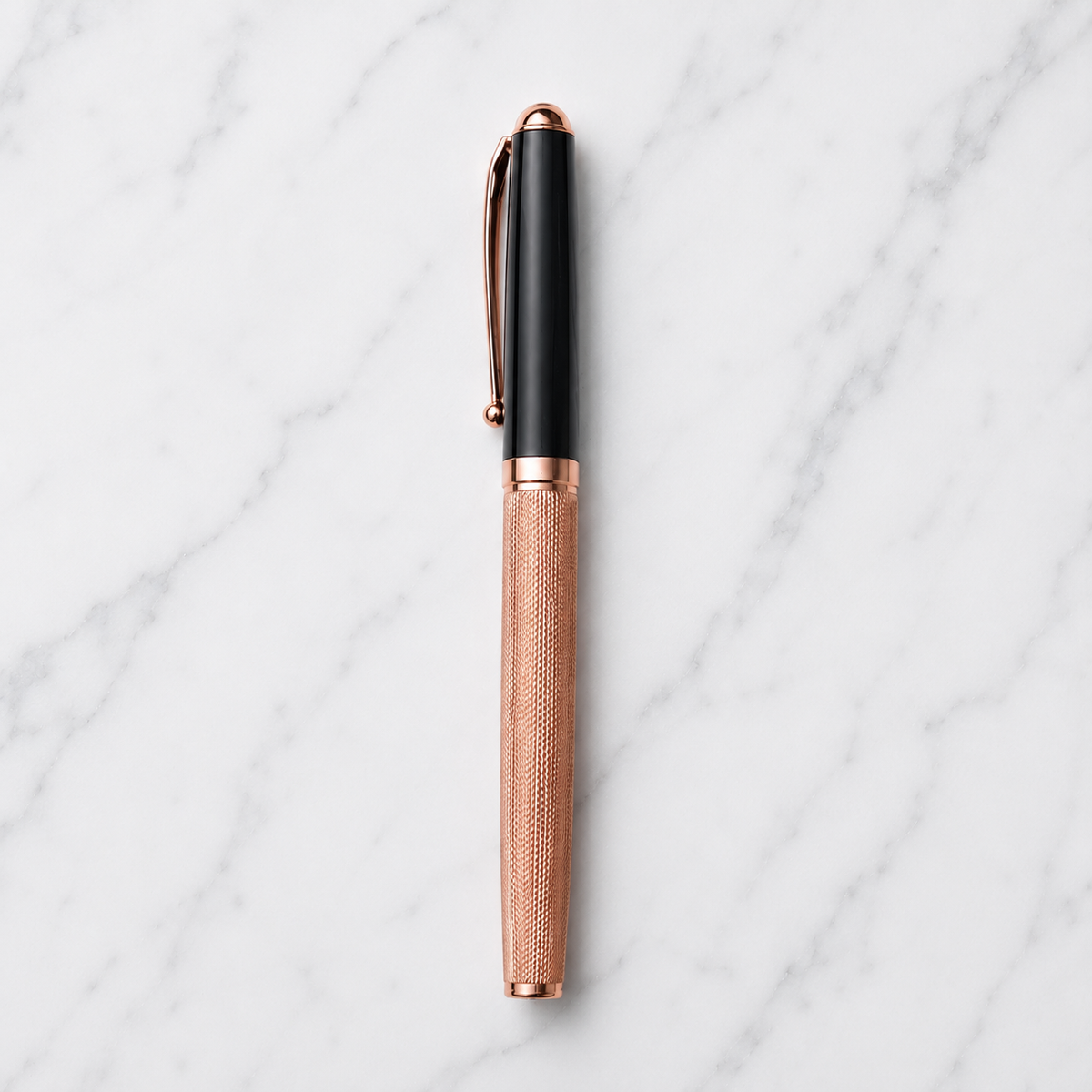 Glossy rose gold openable ball pen with black cap product image