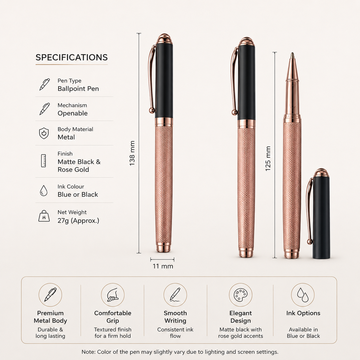 Glossy rose gold openable ball pen with black cap product image