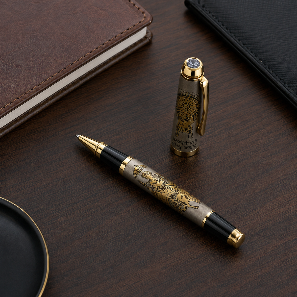 Matt grey Mahabharata engraved roller ball pen with gold clip and blue ink