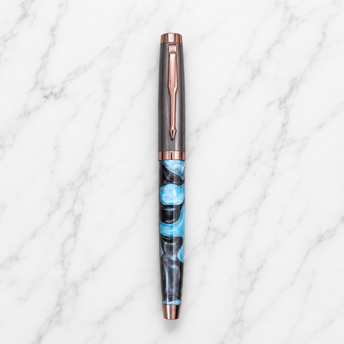Gunmetal and blue acrylic designer roller ball pen with openable cap and blue ink