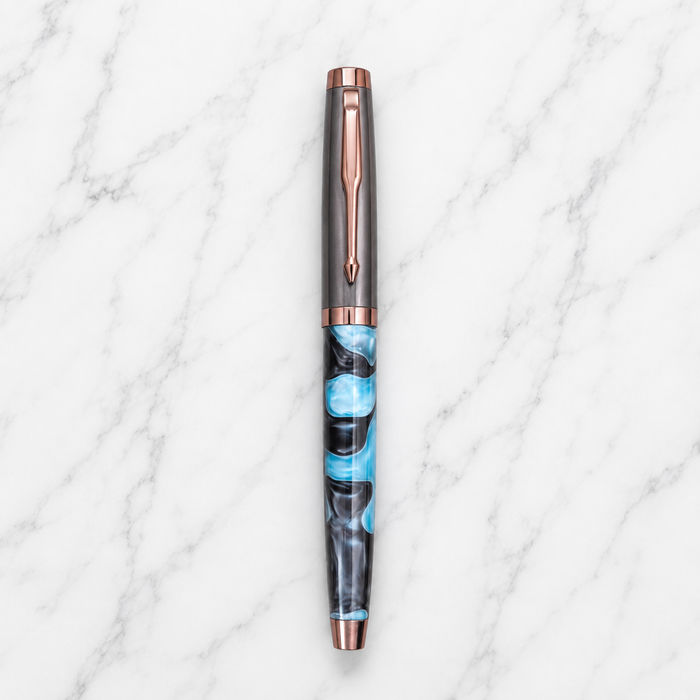 Gunmetal and blue acrylic designer roller ball pen with openable cap and blue ink