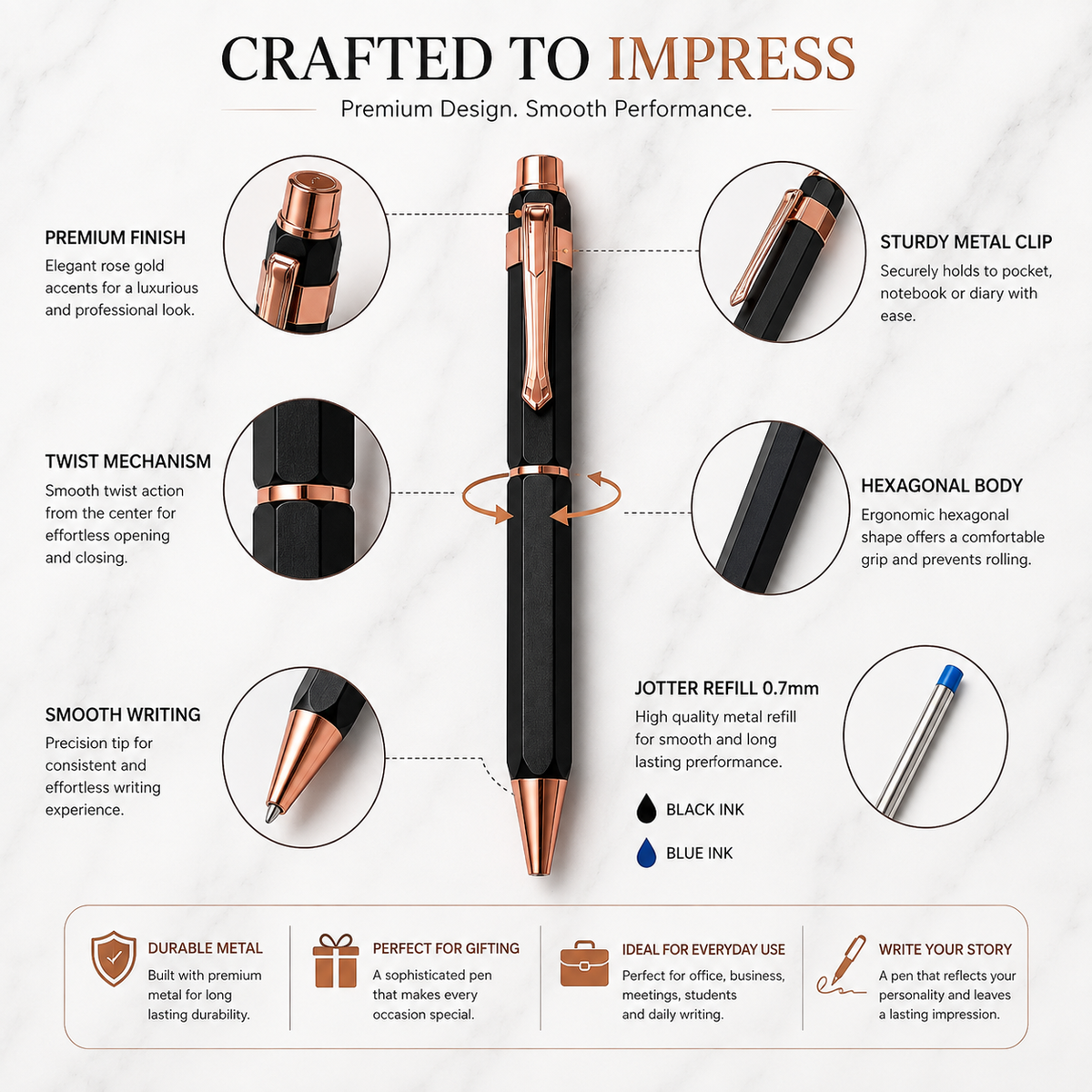 Set of 5 Premium Metal Twist Ball Pens – Gold, Copper & Stylus product view 15