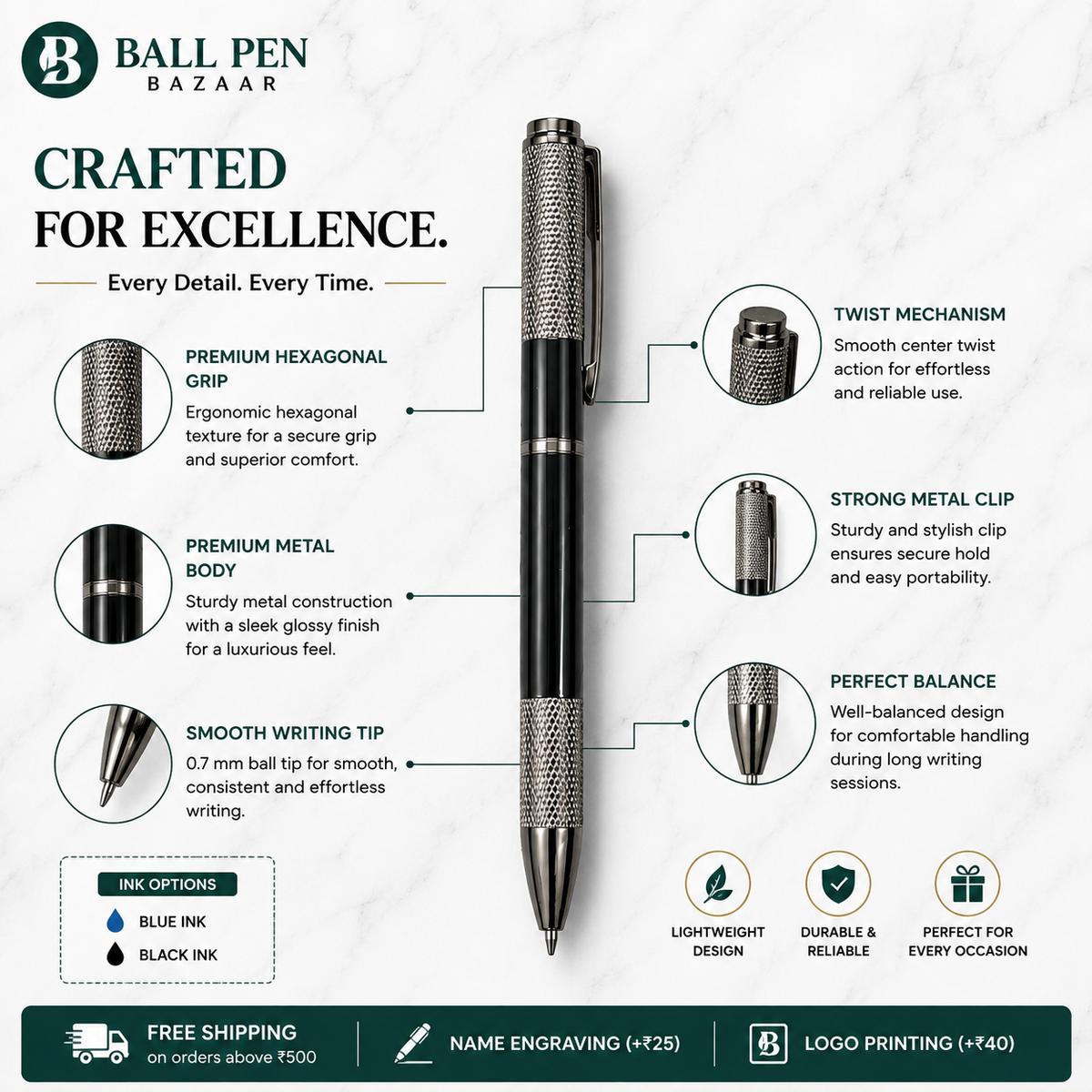 Set of 5 Premium Metal Twist Ball Pens – Assorted Designs product view 11