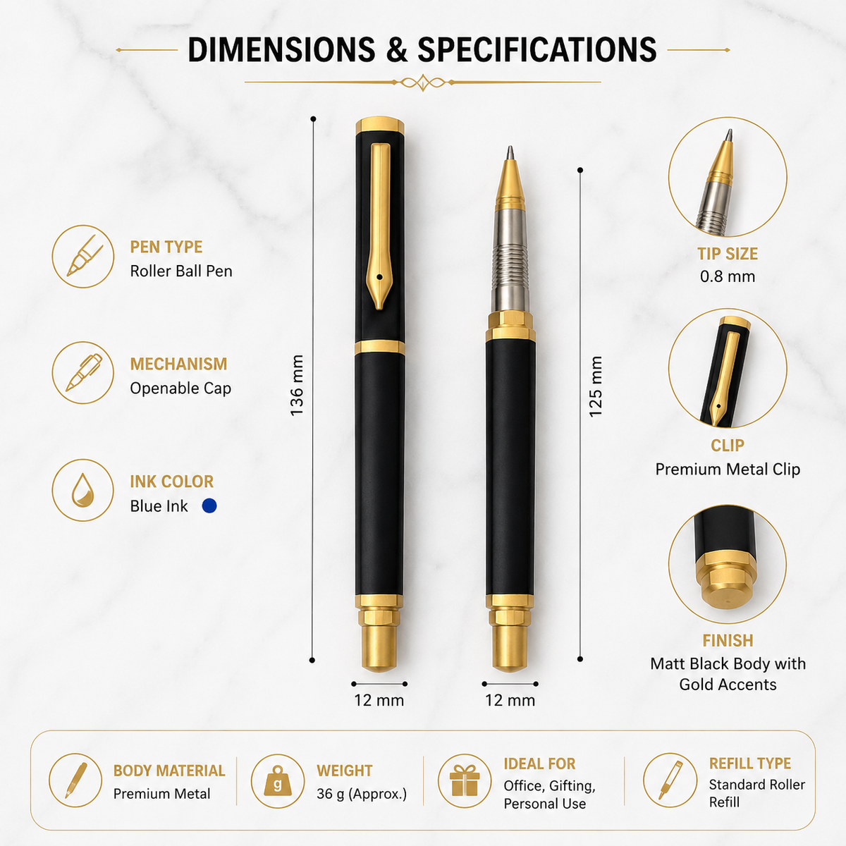 Matt black triangle roller ball pen with gold clip and openable cap