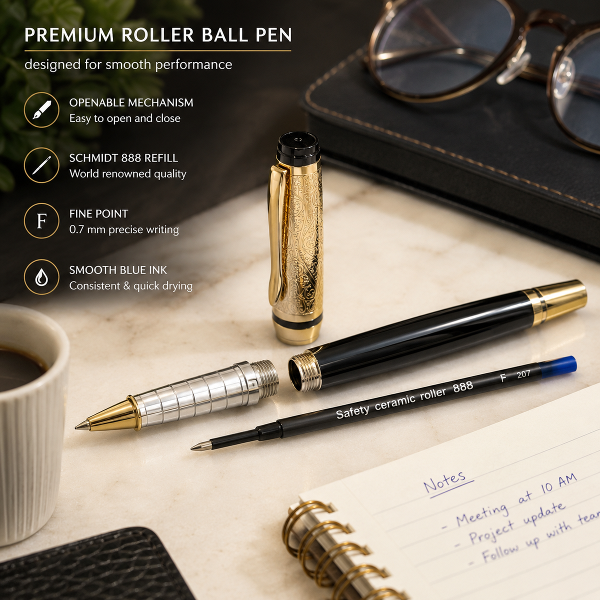 Glossy black roller ball pen with designer gold cap and clip, blue ink
