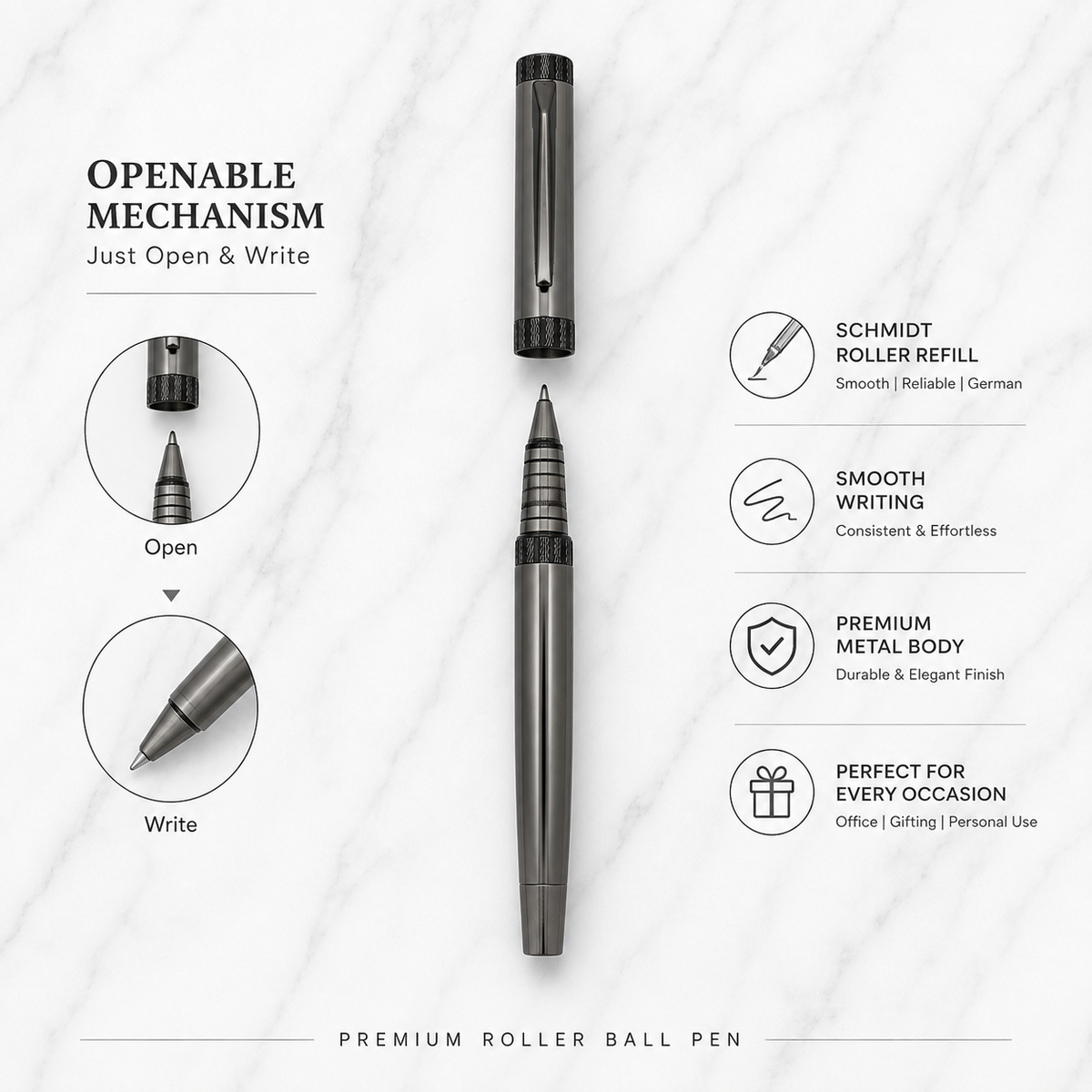 Glossy gunmetal roller ball pen with gunmetal cap, openable mechanism and blue ink