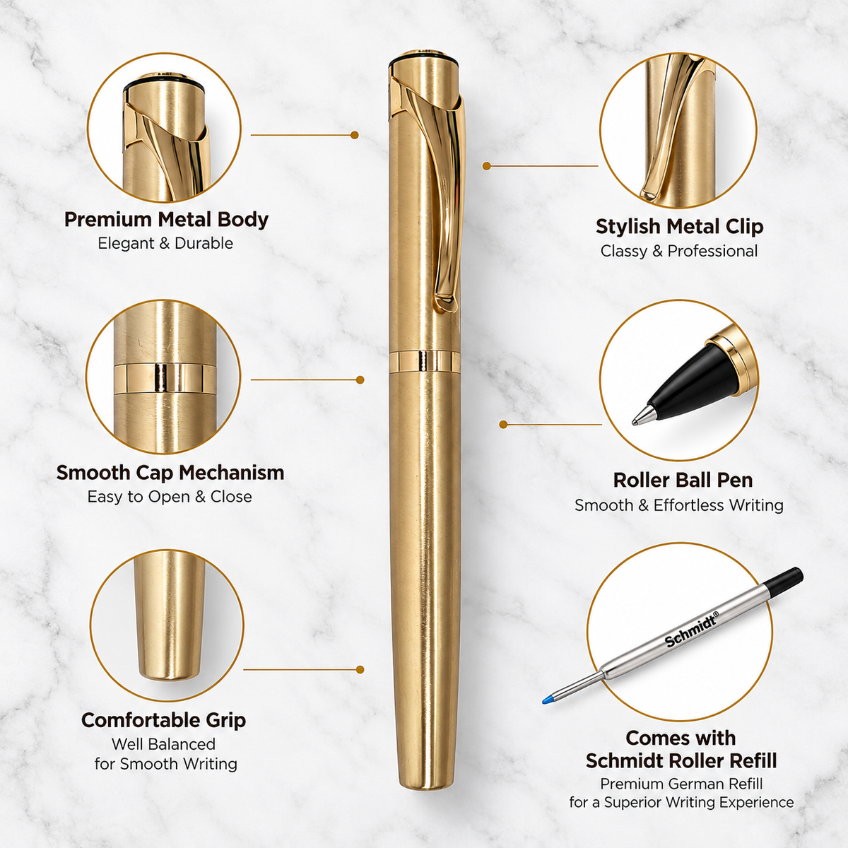 Metallic Glossy Full Gold Roller Ball Pen | Gold Body & Gold Cap | Blue Ink | Openable Metal Pen | 1 Free Roller Refill