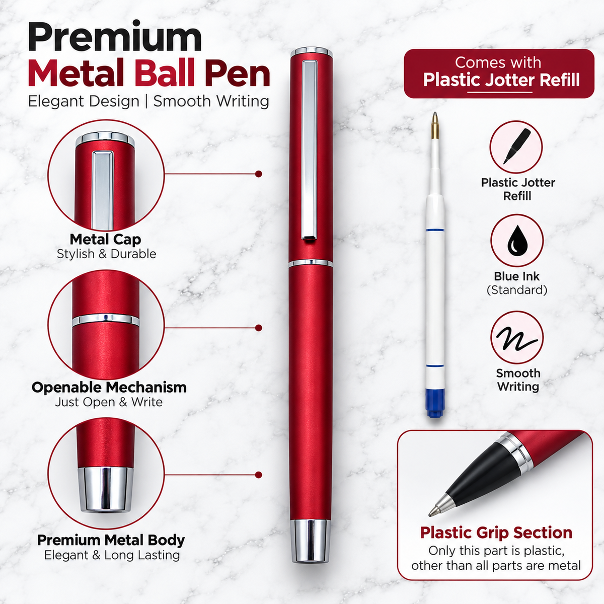 Ballpen Bazaar Matt Red Metal Ball Pen with Red Cap & Silver Clip | Openable | Blue Ink | 1 Free Refill