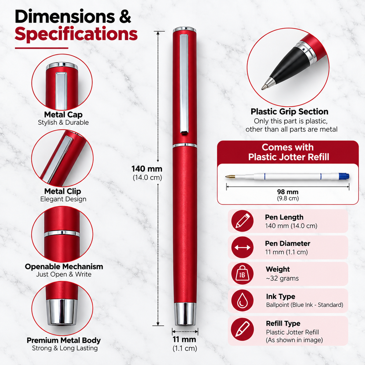 Ballpen Bazaar Matt Red Metal Ball Pen with Red Cap & Silver Clip | Openable | Blue Ink | 1 Free Refill