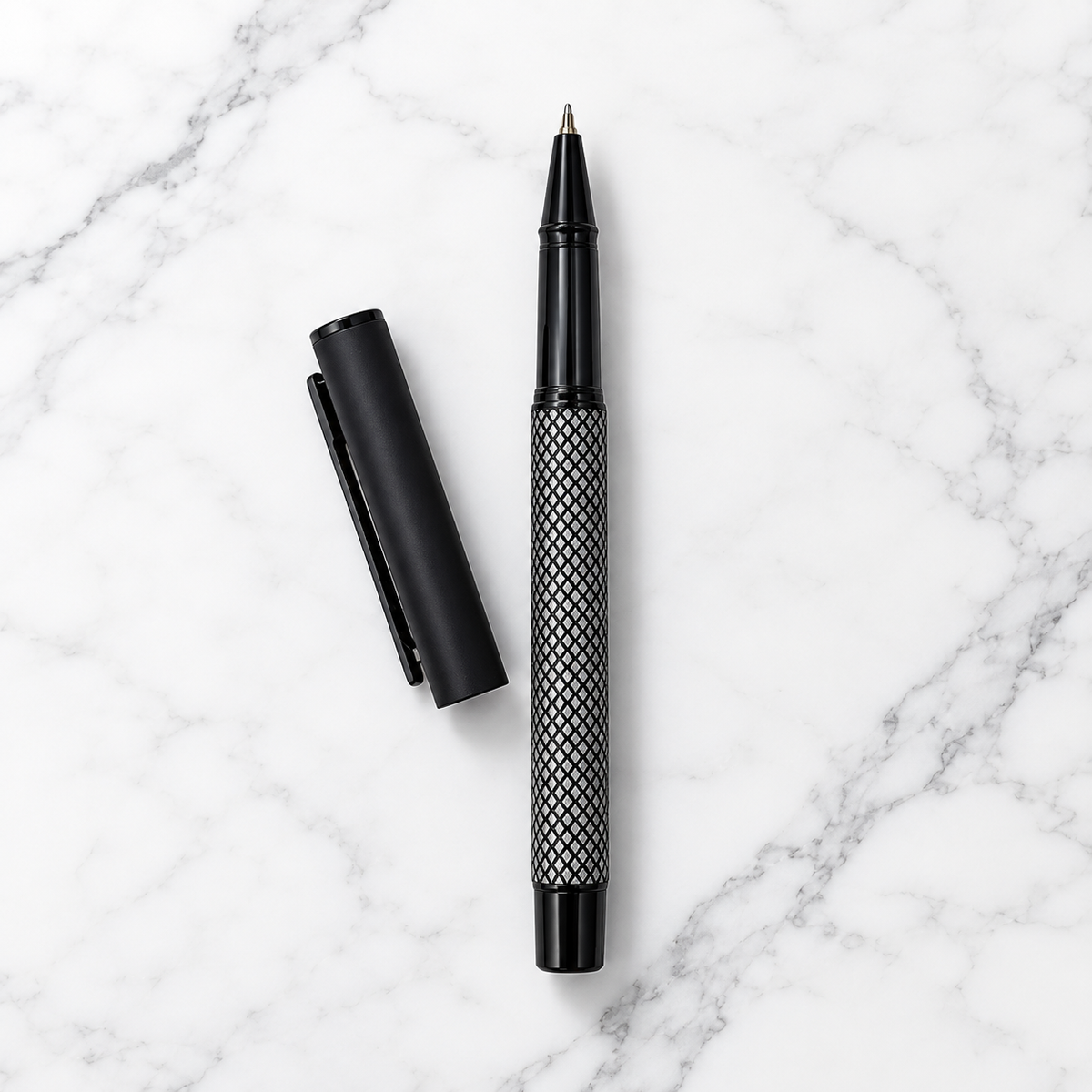 Matt Black Metal Ball Pen with White Grid Design & Black Cap | Openable Mechanism | Blue Ink | 1 Free Refill
