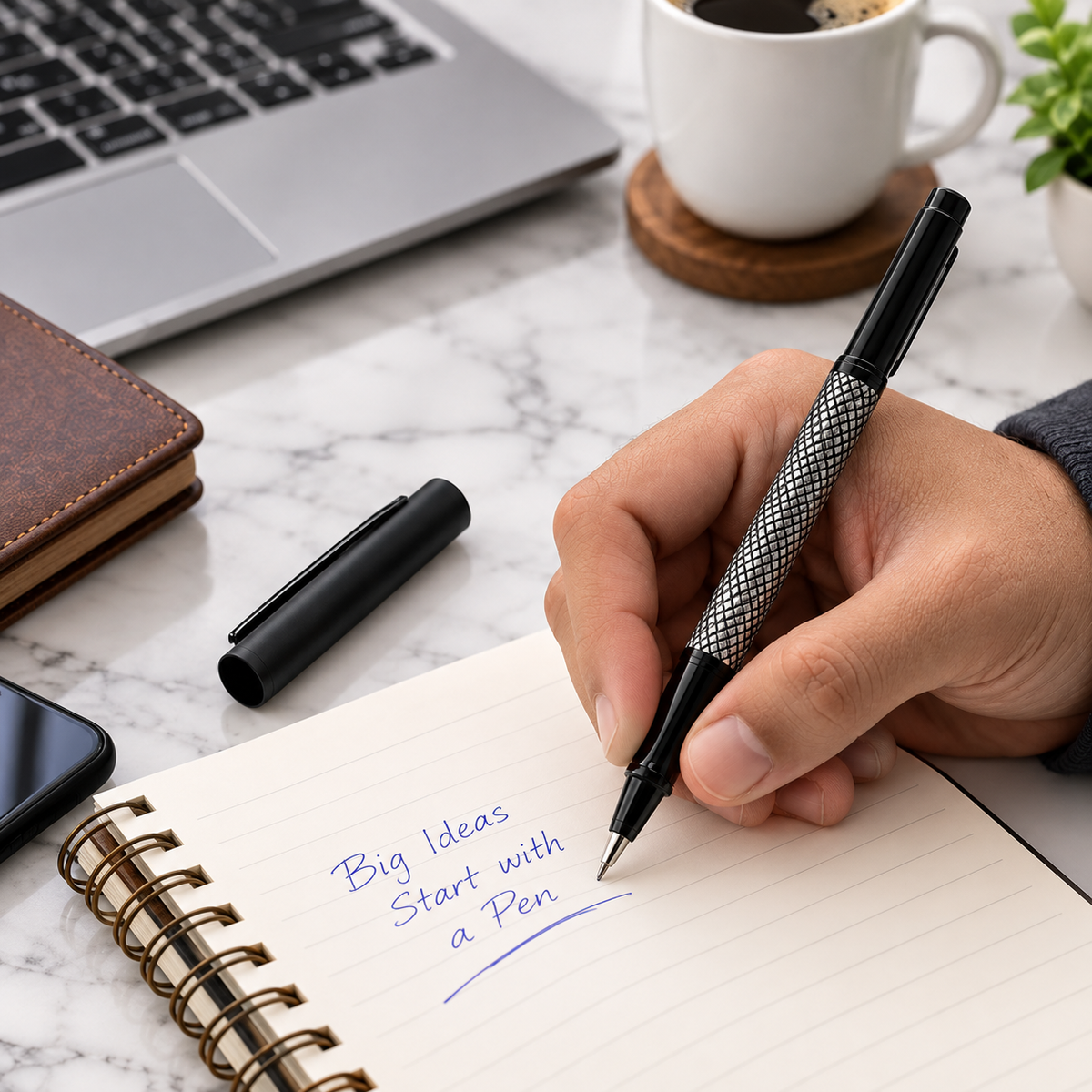 Matt Black Metal Ball Pen with White Grid Design & Black Cap | Openable Mechanism | Blue Ink | 1 Free Refill