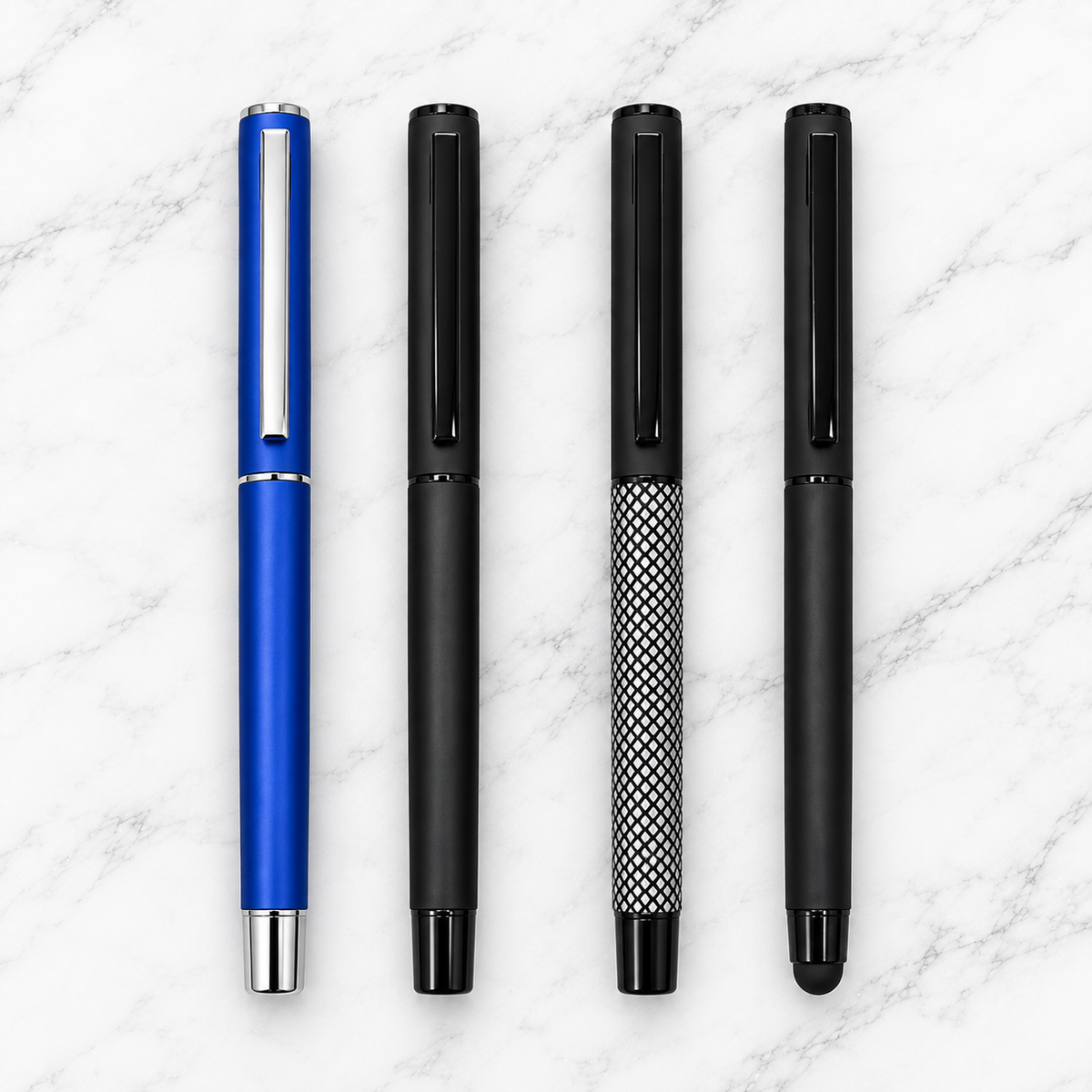 Set of 4 Premium Metal Openable Ball Pens – Matt Blue, Matt Black, Matt Black White Grid & Stylus Matt Black | Blue Ink | 4 Free Refills