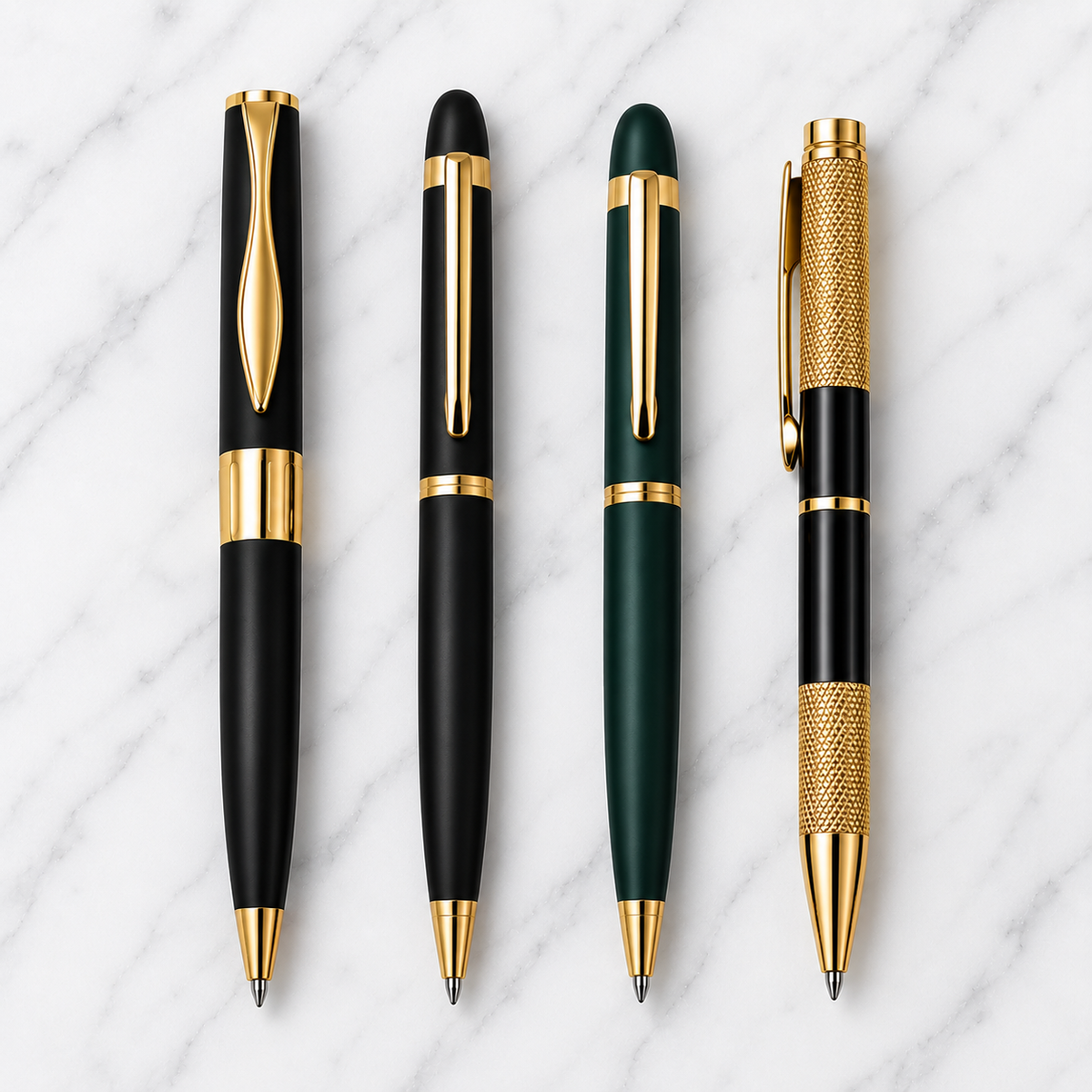 Set of 4 Premium Twist Mechanism Ball Pens – Matt Black, Matt Green & Metallic Glossy Black with Gold Clip, Blue Ink, Free Surprise Ball Pen
