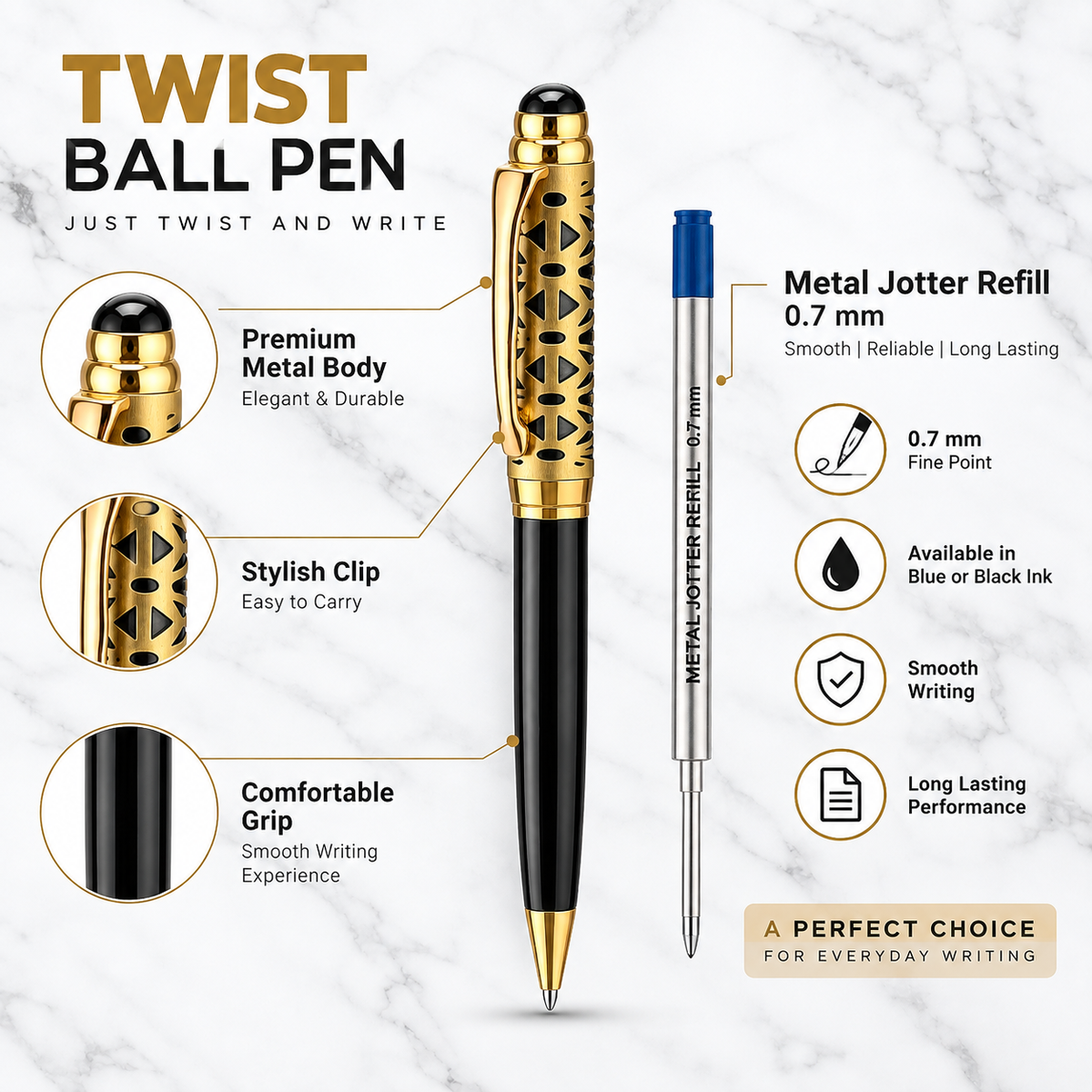 Glossy Black & Gold Dual Colour Twist Ball Pen product view 2
