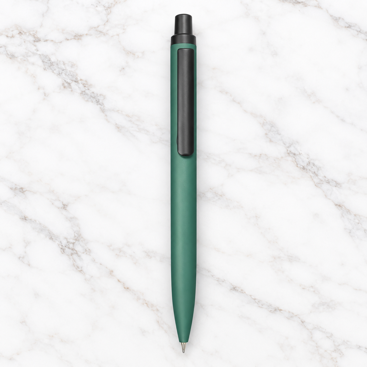 Matt green click metal ball pen with black clip and blue ink