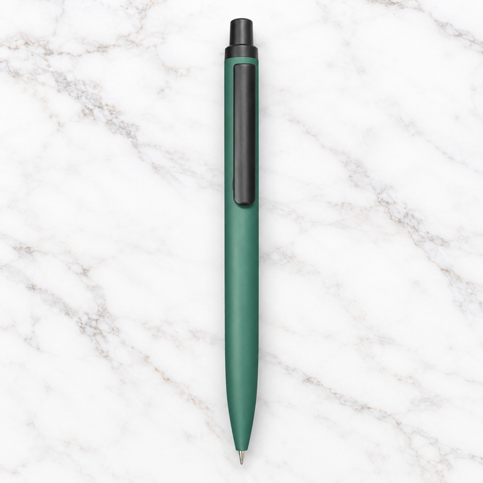Matt green click metal ball pen with black clip and blue ink