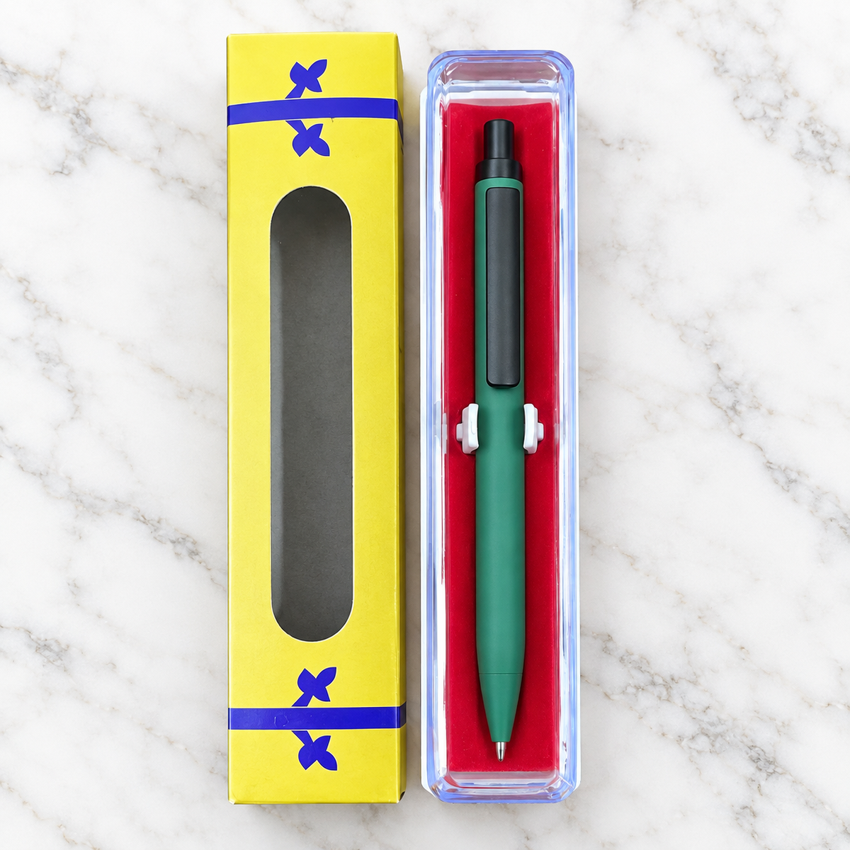Matt green click metal ball pen with black clip and blue ink