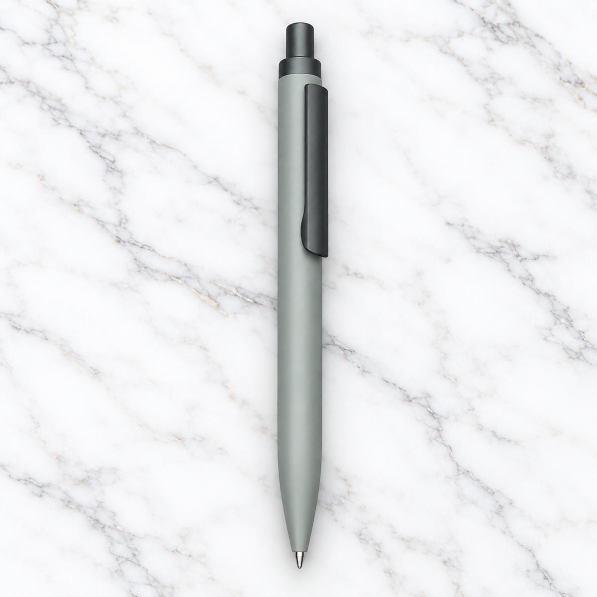 Matt gray click metal ball pen with black clip and blue ink