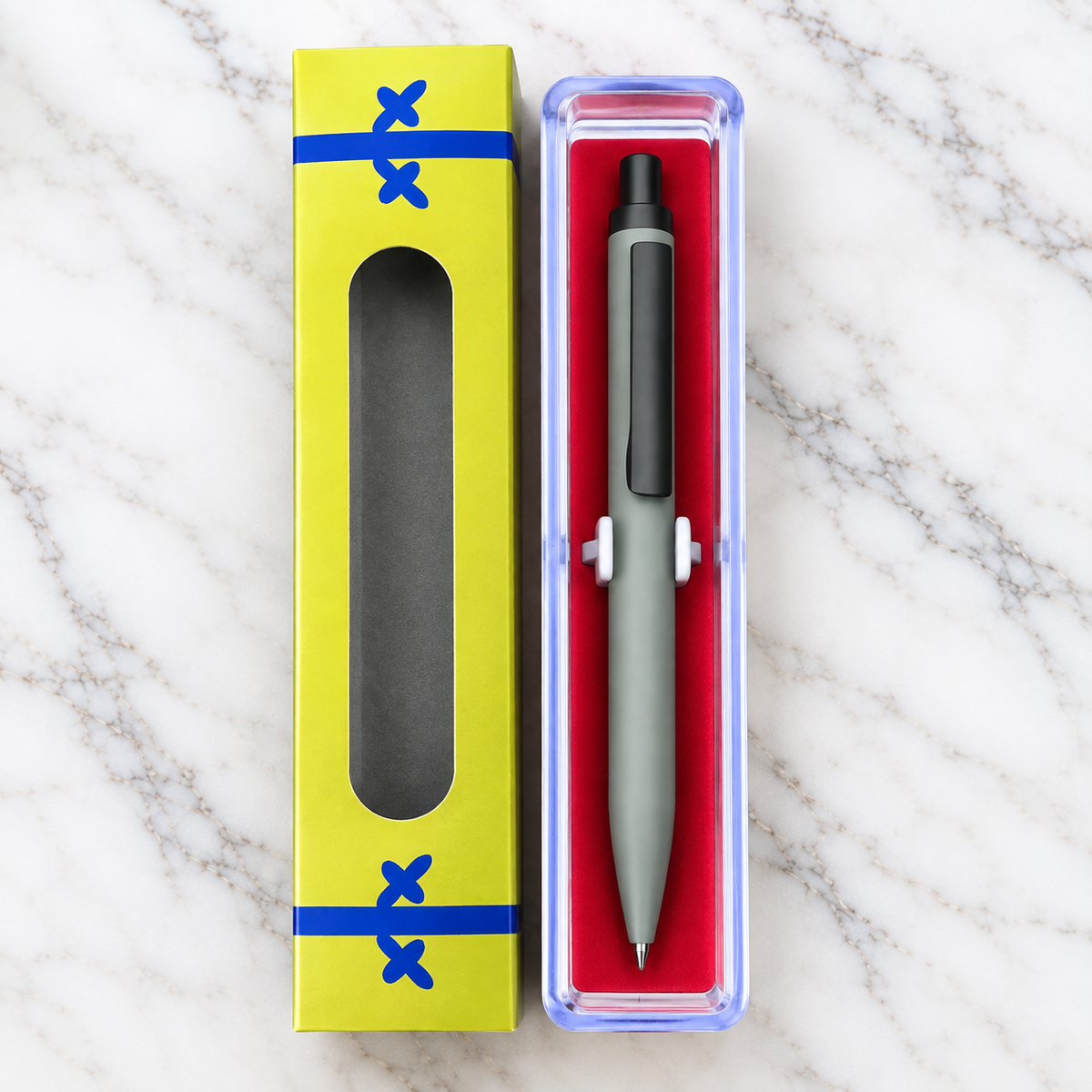 Matt gray click metal ball pen with black clip and blue ink