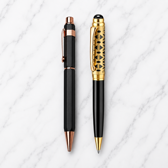 Set of 2 Premium Metal Ball Pens – Matt Black Copper Clip & Glossy Black Gold Designer Twist Ball Pens | Blue Ink | 2 Free Refills