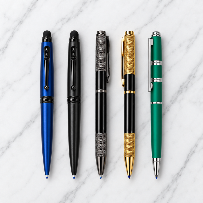 Set of 5 Premium Twist Metal Ball Pens with Stylus & Designer Collection Blue Ink Gift Set
