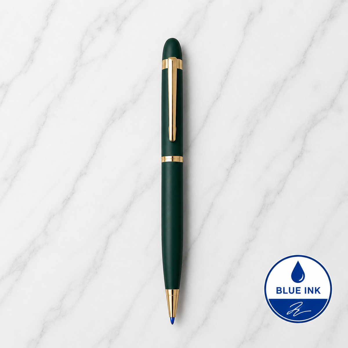 Matt Green Ball Pen with Gold Clip | Twist Mechanism | Blue Ink | 1 Pen + 1 Free Refill