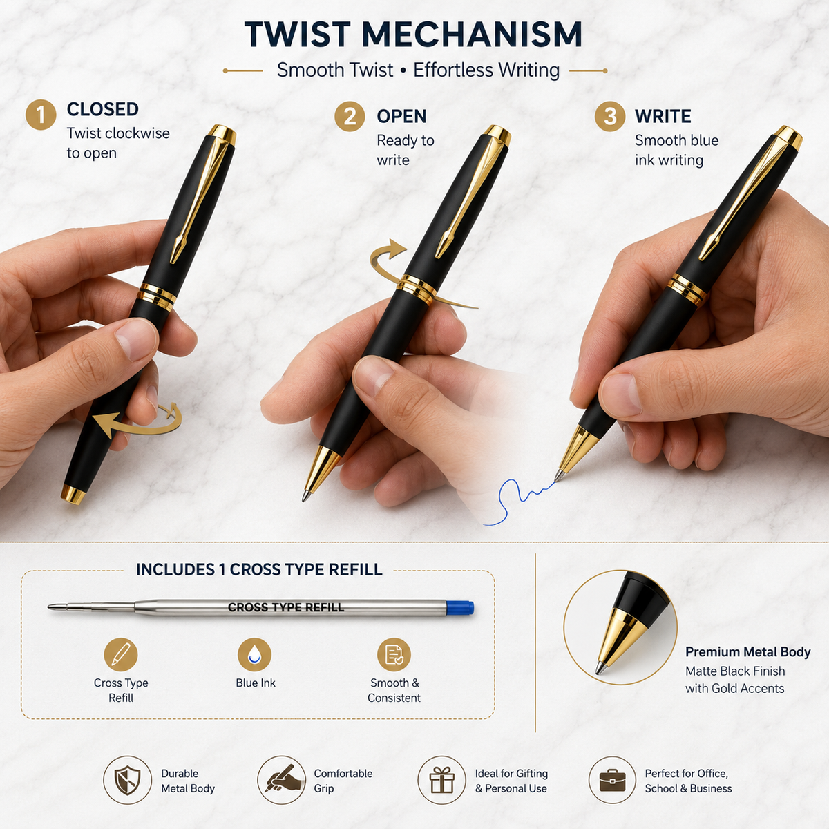 Matte black twist ball pen with gold clip