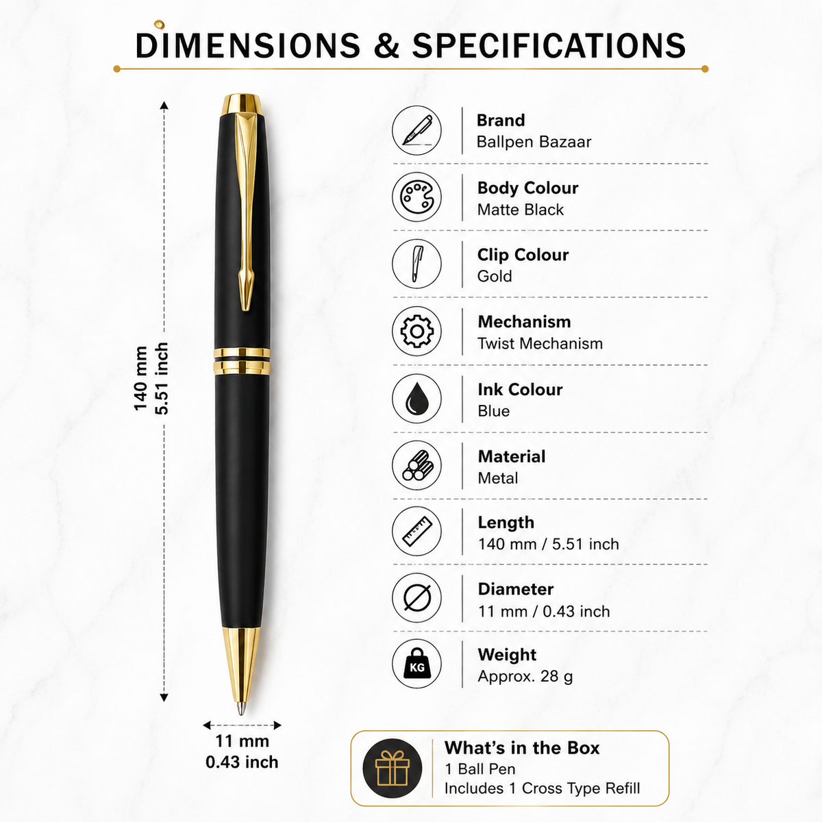 Matte black twist ball pen with gold clip