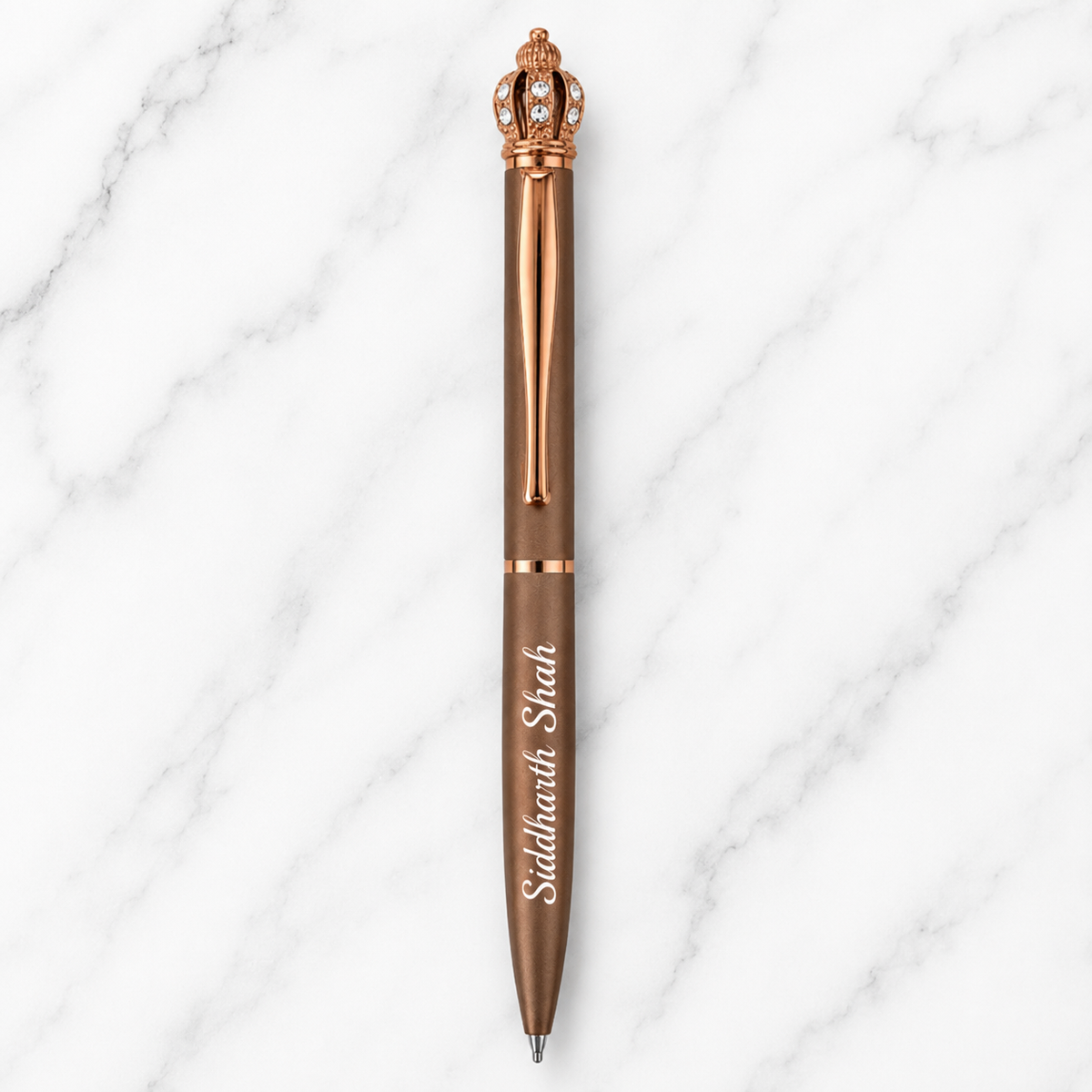 Matt Brown Ball Pen with Brown Clip & Diamond Crown Top | Twist Mechanism | Blue Ink | Premium Metal Pen | 1 Pen with 1 Free Blue Refill