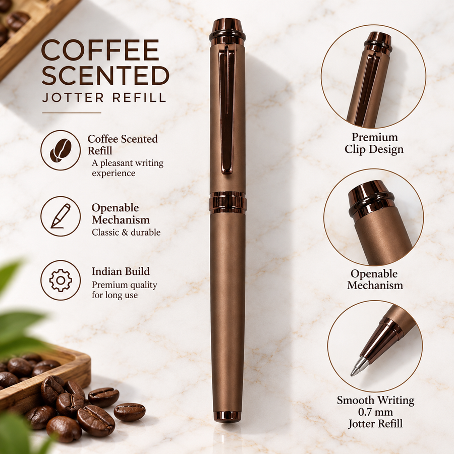 Matt Brown Openable Ball Pen with Glossy Brown Clip | Blue Ink | 1 Extra Refill
