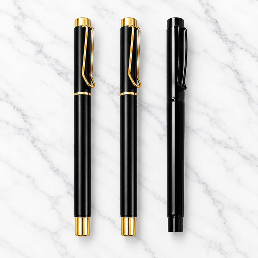 Set of 3 Metal Pens – 2 Matt Black Gold Clip Roller Ball Pens & 1 Glossy Black Openable Ball Pen | 3 Extra Refills