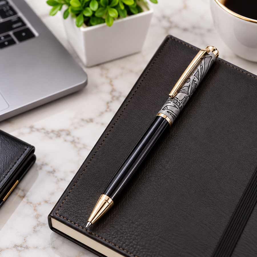 Premium Grey & Glossy Black Metal Twist Ball Pen with Golden Clip | Blue Ink | Custom Clip Engraving | Executive Gift Pen