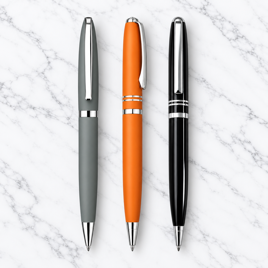 Set of 3 Metal Ball Pens – Matt Gray, Matt Orange & Glossy Black | Silver Clip | Twist Mechanism | Blue Ink