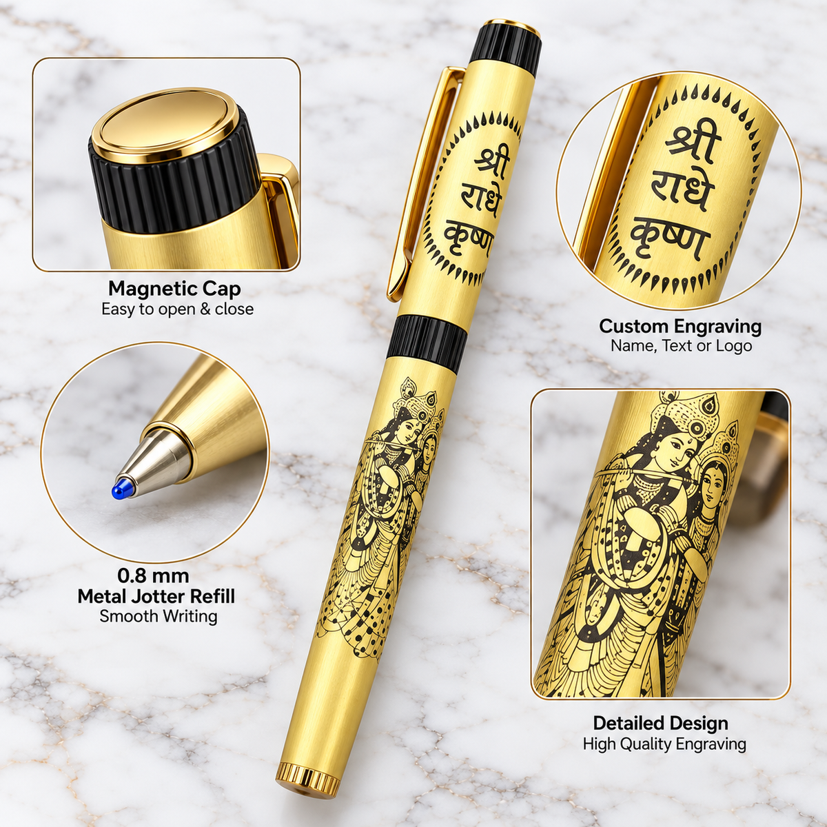 Premium Gold Shri Radhe Krishna Metal Ball Pen | Magnetic Cap | 0.8 mm Blue Ink Metal Jotter Refill | Custom Engraving Available