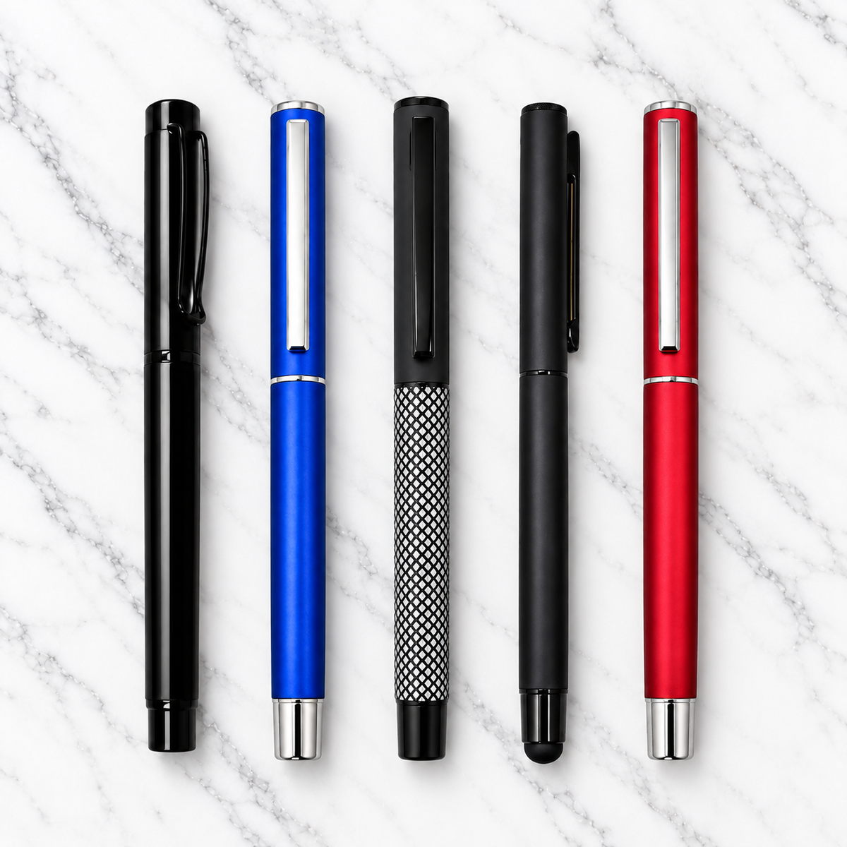 Ballpen Bazaar Set of 5 Assorted Metal Ball Pens – Black, Blue & Red Body, Stylish Clip Designs, Office & Corporate Gifting Combo