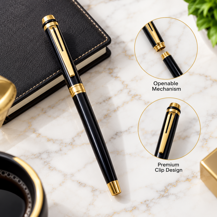 Glossy Black Gold Openable Metal Ball Pen with Gold Clip | Jotter Refill Compatible