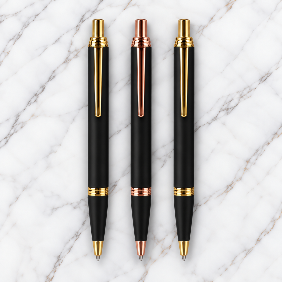 Set of 3 Premium Black Metal Click Ball Pens – Gold & Rose Gold Trim | Blue Ink | 3 Free Refills