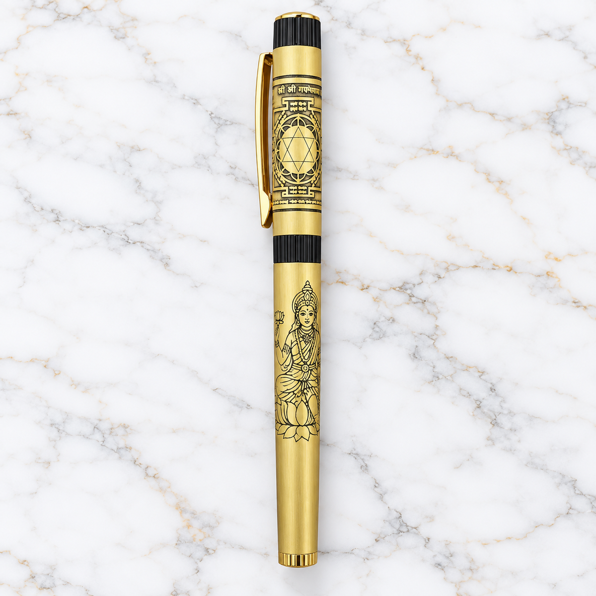 Premium Gold Mahalakshmi Yantra Metal Ball Pen | Magnetic Cap | 0.8 mm Blue Ink Metal Jotter Refill | Custom Engraving Available