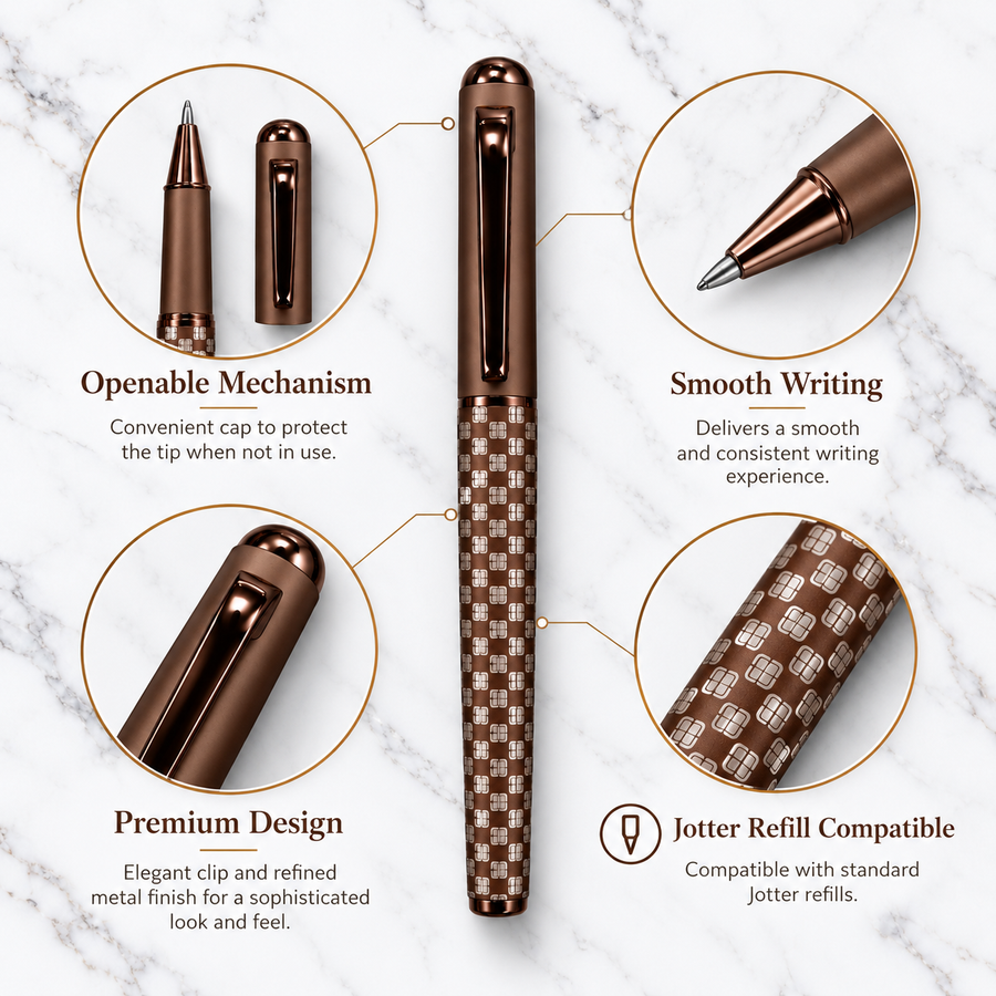Matt Brown Ball Pen with White Grid Design & Brown Cap | Openable Mechanism | Blue Ink | 1 Extra Refill