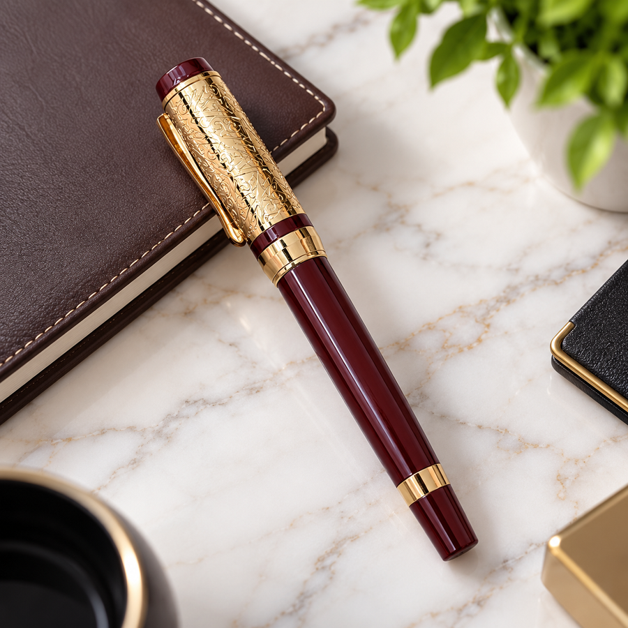 Metallic Glossy Maroon Ball Pen with Gold Designer Cap | Openable Mechanism | Blue Ink | 1 Extra Refill