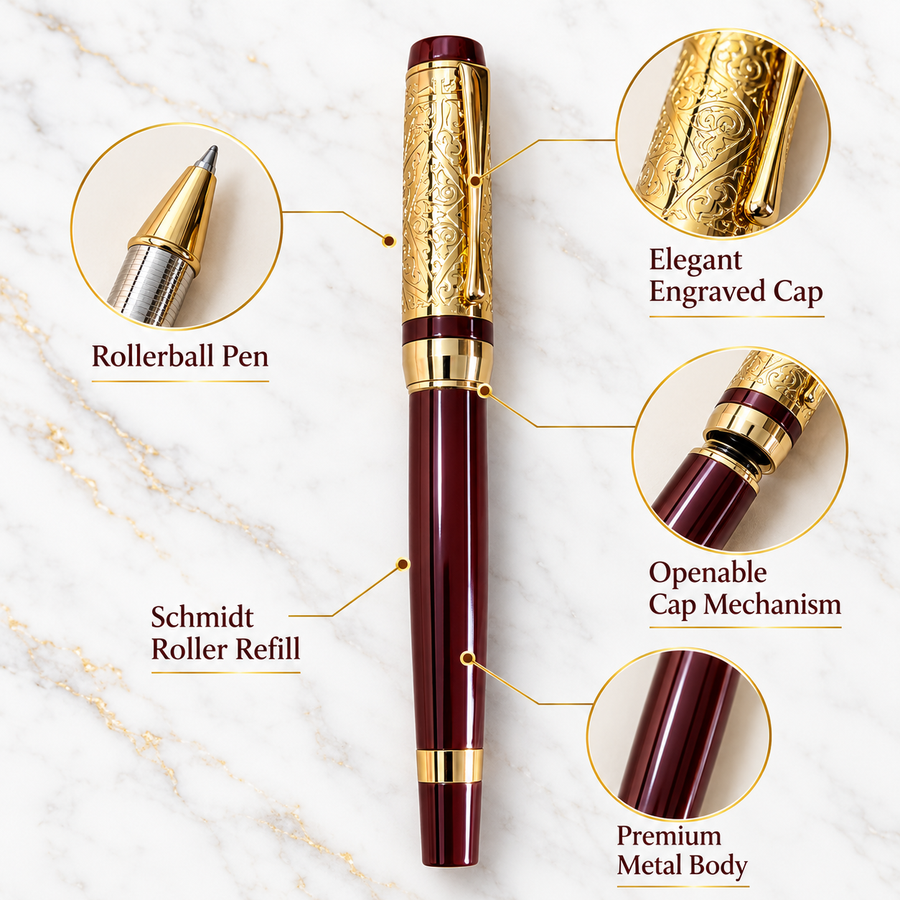 Metallic Glossy Maroon Ball Pen with Gold Designer Cap | Openable Mechanism | Blue Ink | 1 Extra Refill